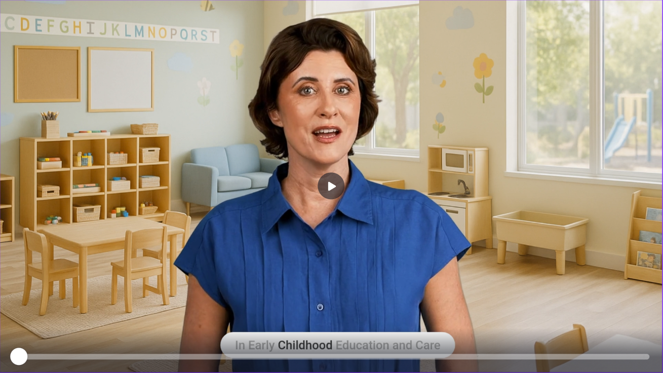 AI Generated Avatar woman with short brown hair and a blue screen in front of a childcare setting.